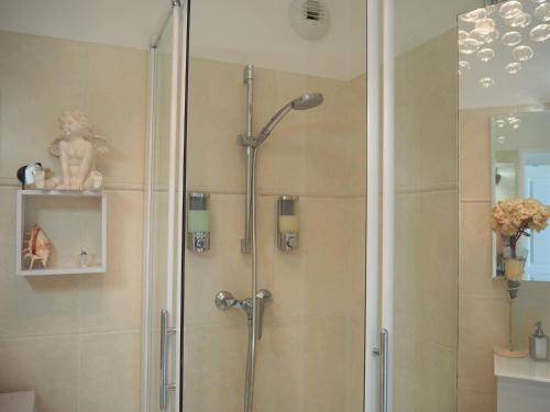 une douche avec une porte vitrée dans une salle de bain dans l'établissement Apartment in Cannes with Sea View, à Mandelieu-la-Napoule