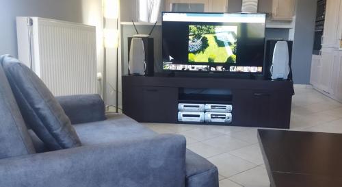 een woonkamer met een tv en een bank en een stoel bij Voula home -IOANNINA-NEOKESARIA in Neokaisáreia