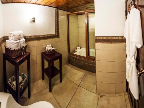 a bathroom with a shower, sink, and mirror at Hotel Soleil La Antigua in Antigua Guatemala