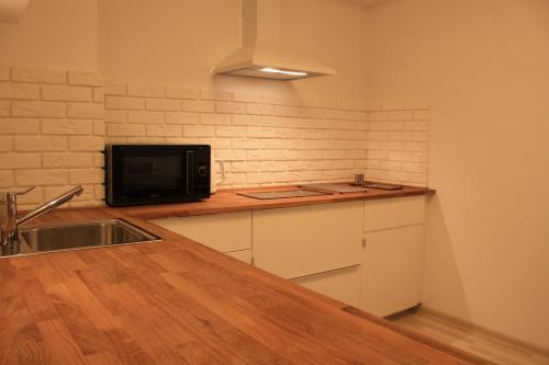 cocina con fregadero y microondas en Apartament Aurora, en Szklarska Poręba