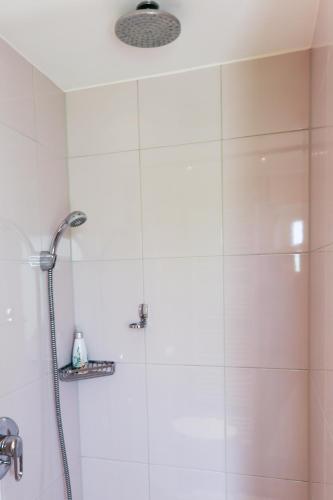 a shower in a bathroom with a shower head at Hotel Albblick Bad Boll in Bad Boll