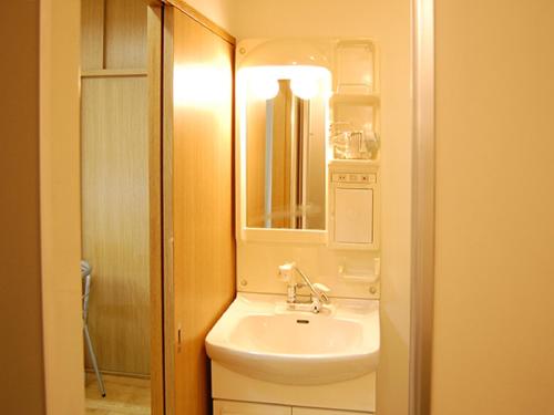 a bathroom with a sink and a mirror at HOTEL LiVEMAX BUDGET Nagoya in Nagoya