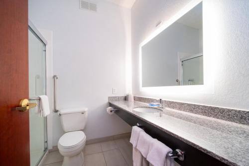 a bathroom with a sink and a toilet and a mirror at Holiday Inn Express Hotel & Suites Bedford by IHG in Bedford