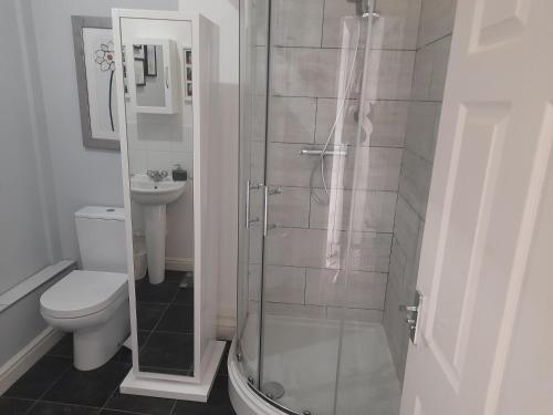 uma casa de banho com um chuveiro, um WC e um lavatório. em Hawarden near Chester em Hawarden