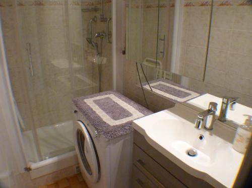 een badkamer met een douche, een wastafel en een wasmachine bij Sol-y-Days Lagune, Studio Cabine 4 couchages avec parking et un accès direct à la plage Sud in Le Grau-du-Roi