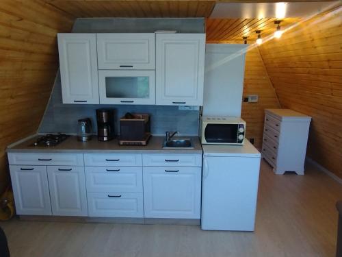 a kitchen with white cabinets and a microwave at Livada Becica in Cărbunari