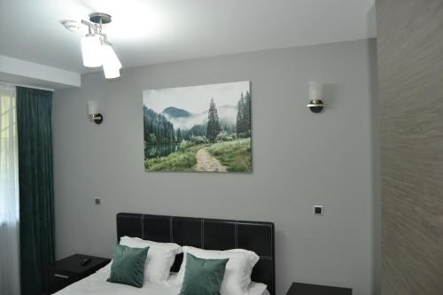 una camera con un letto con una foto sul muro di Tomy Apartment Silver Mountain a Poiana Brasov