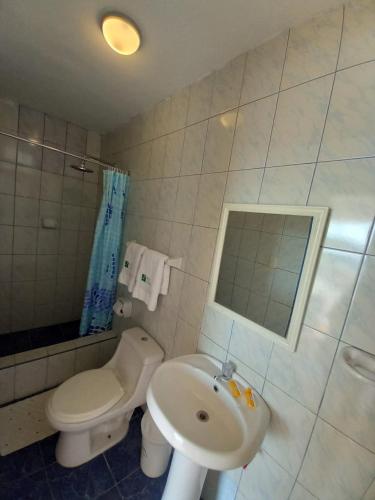 a bathroom with a white toilet and a sink at Hostal Los Frayles in Paracas