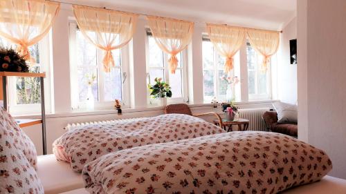 1 dormitorio con 2 camas y ventanas en Ferienhof Cohrs, en Bispingen