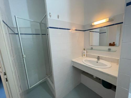 une salle de bain avec un lavabo et une douche en verre dans l'établissement Le Tournesol, à Mimizan