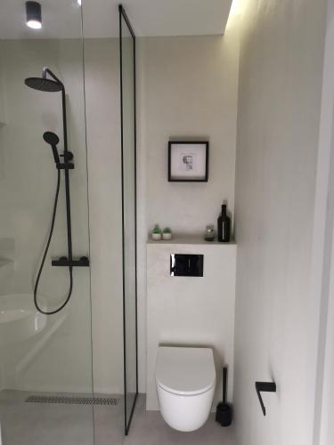 a white bathroom with a toilet and a shower at Moderni apartman Tina in Mundanije