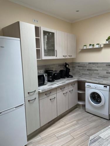 a kitchen with a refrigerator and a washing machine at 2Raum-Apartment Leznew in Leipzig