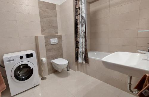 a bathroom with a washing machine and a sink at Arsenal House Budapest in Budapest
