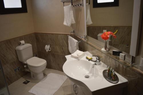 Sky View Suites Hotel في الغردقة: حمام مع حوض أبيض ومرحاض