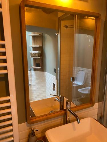 uma casa de banho com um lavatório, um espelho e um WC. em The Place - amazing loft in the heart of Rome em Roma