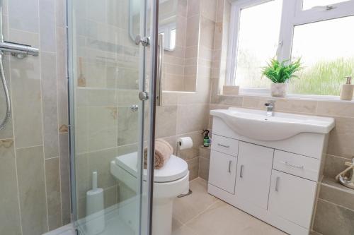 a bathroom with a toilet and a sink and a shower at Driftwood in Marazion