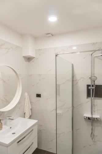 a bathroom with a shower and a sink at Apartman Sorelle in Kali