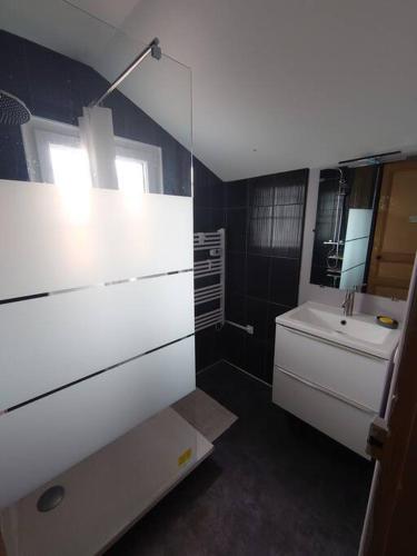 une salle de bain blanche avec un lavabo et un miroir dans l'établissement Maison entre Plages et Forêts, à Lévignacq