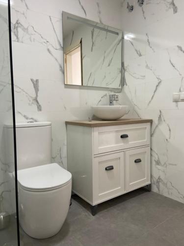 W łazience znajduje się toaleta, umywalka i lustro. w obiekcie Beautiful brand new 2 bedroom flat with terrace w Maladze