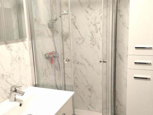 une salle de bain avec douche et lavabo dans l'établissement 2 pièces cabine au pied des pistes avec balcon, cuisine équipée et services optionnels - FR-1-557-64, à Les Adrets