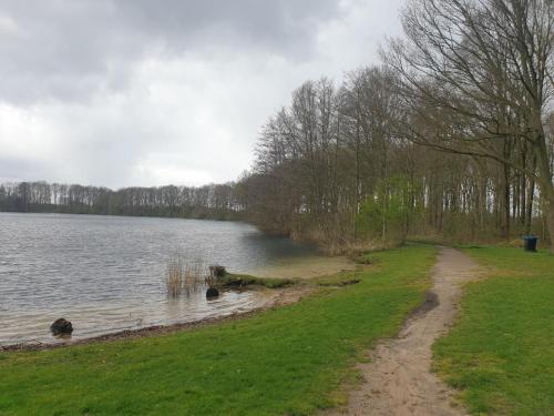 un camino de tierra junto a un cuerpo de agua en Ruunerwoldse Stekkie met eigen badkamer en Ruinerwold