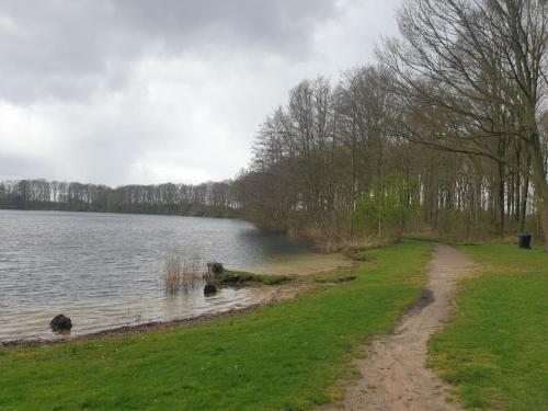 un chemin de terre à côté d'une nappe d'eau dans l'établissement Ruunerwoldse Stekkie met eigen badkamer, à Ruinerwold