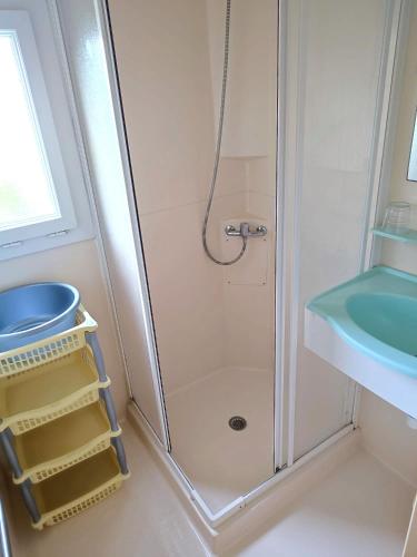 une douche avec une porte vitrée à côté d'un lavabo dans l'établissement Le Flamboyant - Piscines chauffees, à Brem-sur-Mer