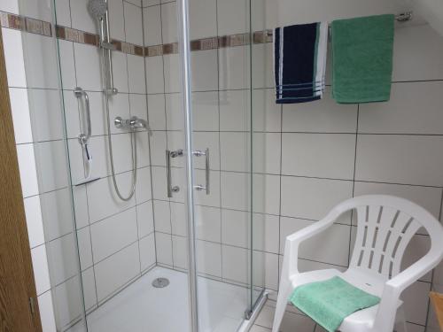 a shower with a glass door and a chair in a bathroom at Natururlaub Frankenau in Frankenau