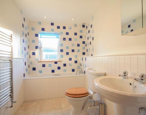 a white bathroom with a toilet and a sink at Ossco in Polzeath
