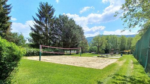 a volley ball goal in a park with a picnic table at KASPAR Haus KMB Seeblick Appartement am Ossiacher See mit direktem Seezugang, Hallenbad in Bodensdorf