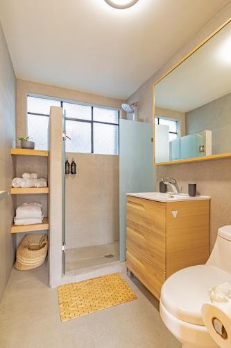 a bathroom with a shower and a toilet and a sink at Mi Zona Lodging WTC in Mexico City