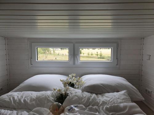 a bedroom with two windows and a bed with white pillows at Tiny House in Schönbeck