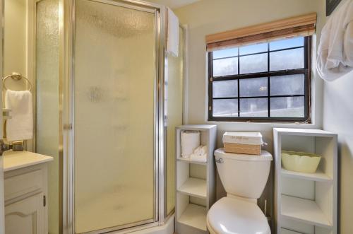 ein Badezimmer mit Dusche und Toilette und einem Fenster in der Unterkunft Sweetpeas in Pigeon Forge