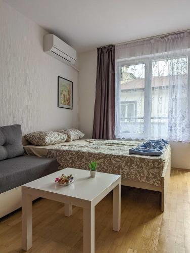 Habitación con cama, sofá y ventana en Sunny Downtown Studio in Sofia, en Sofía