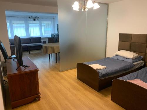 Habitación con cama, TV y sofá. en Apartament Kredens , Willa Perla nad morzem, en Gdansk