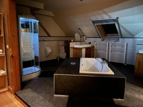 a large bathroom with a sink and a tub at Traumscheune mit Pool, Kamin und privatem Spa in Linnich