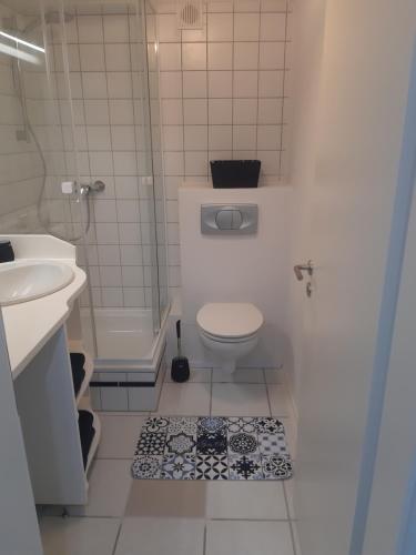 a small bathroom with a toilet and a shower at Ferienwohnung im schönen Zellertal in Wachenheim