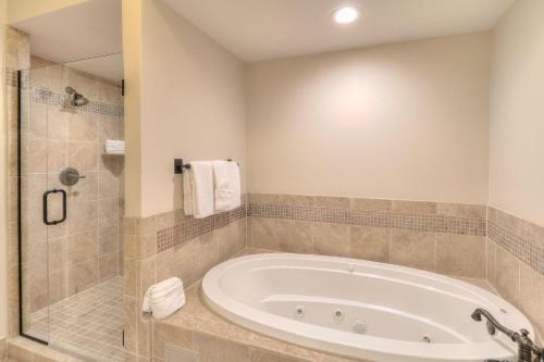 a bathroom with a large tub and a shower at RiverStone Condo Resort & Spa in Pigeon Forge