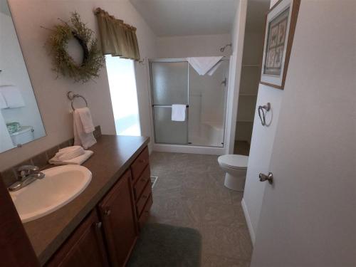een badkamer met een wastafel, een toilet en een douche bij Rr-kenton Hs in June Lake