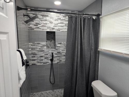 La salle de bains est pourvue d'un rideau de douche et de toilettes. dans l'établissement STUDIO 4A, à Lakeland