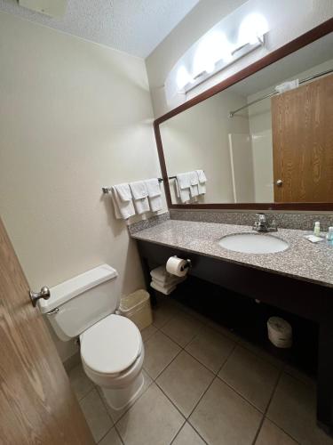 a bathroom with a toilet and a sink and a mirror at Quality Inn Mitchell I-90 in Mitchell