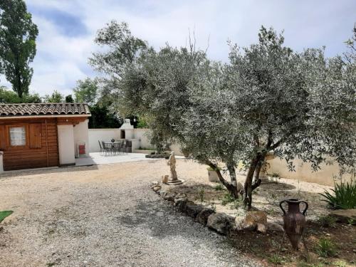 un arbre dans une cour à côté d'une maison dans l'établissement Chalet au pied du Mont Ventoux, à Mormoiron