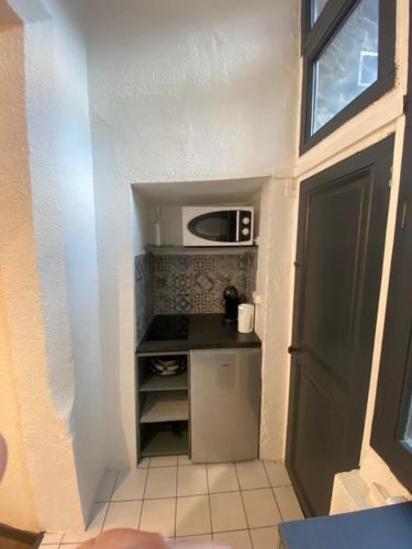 une petite cuisine avec une cuisinière et un micro-ondes dans l'établissement En cœur de ville, à Chambéry