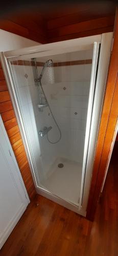 a shower in a room with a glass door at Chambre d'hôte le jardin de l'Esplanade Rennes Centre et gare in Rennes