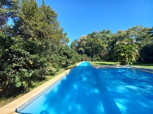 a swimming pool with blue water and trees in the background at Parana Riverside Guest House - Posadas in Posadas