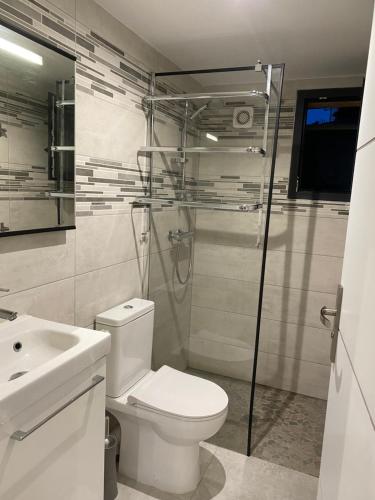 カネ・アン・ルシヨンにあるAu soleilのバスルーム(トイレ、シャワー、シンク付)