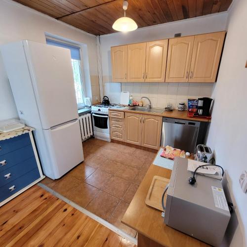 a kitchen with a white refrigerator and a counter top at Dom Nad Jeziorem Staw in Gawrych Ruda