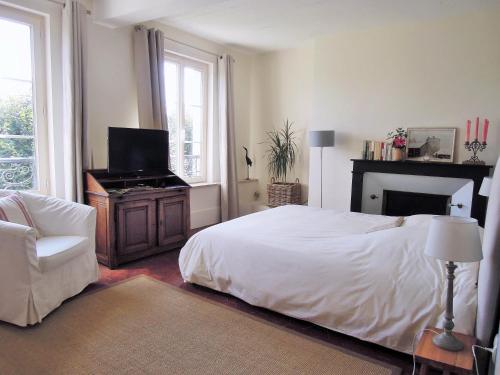 1 dormitorio con 1 cama, TV y silla en Clos Florésine B&B, en Margny-lès-Compiègne