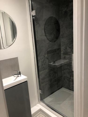 a bathroom with a shower and a sink at Exclusive Modern decorated 1 Bedroom Detached Studio in Newport