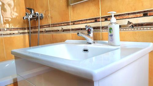 a bathroom sink with a bottle of soap on it at Star Apartment in Tirana